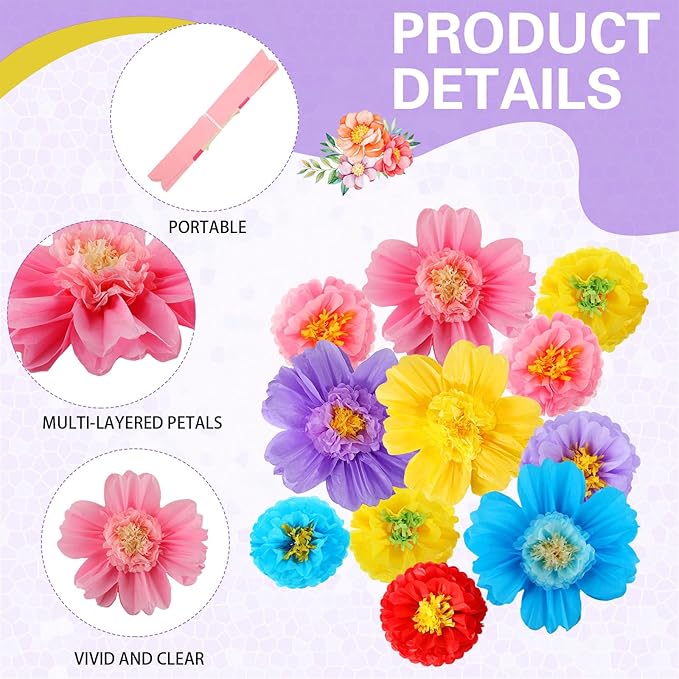 Crowye 12 Pcs Large Colorful Tissue Paper Flowers 20" Handcrafted Giant Fiesta Paper Flowers for Mexican Party Wedding Birthday Backdrop Baby Shower Nursery Craft Outdoor Wall Decor (Cute Color)