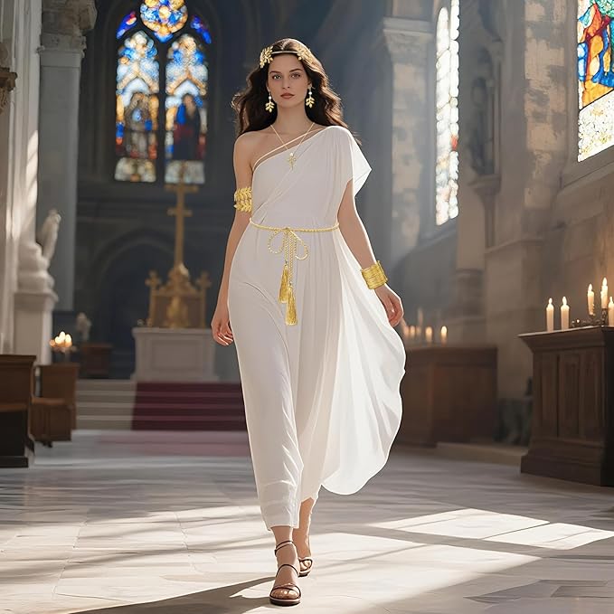 Greek Goddess Costume Accessories Set for Women, Golden Laurel Leaf Crown, Headpiece, Earrings, Roman Toga Waist Belt