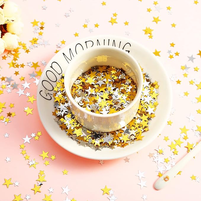 Hestya 60g Star Confetti Glitter Table Confetti Metallic Foil Stars for Christmas Party Wedding Festival Decorations(Gold Silver 60g,10mm and 6mm)