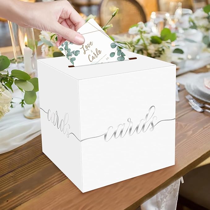 1 Pack White and Silver Foil Card Box for Party, 8.7" White Gift Card Box for Birthday, Wedding, Baby Shower, Retirement, Anniversary, Graduation, Raffle Ticket