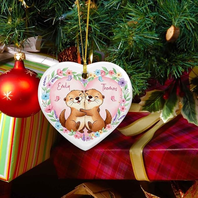 Couple Otter Together Ornament Christmas, Personalized Hugging Otters Ceramic Xmas Ornament, Gift for Couple Newlyweds Boyfriend Girlfriend, Custom Names Mr & Mrs Otter Married Ornaments Xmas