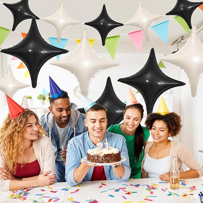 Black White Star Balloons,12Pcs Four Angle Star Foil Balloons,26Inch and 10Inch Black Cream White Quadrangle Helium Balloon for Birthday Baby Shower Anniversary Party Decorations