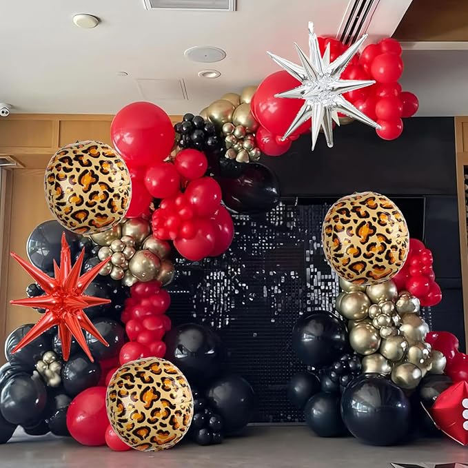 Red Black Gold Balloon Arch Garland Kit Leopard Cheetah Print Party Balloons Black Red Metallic Silver Gold Explosion Star Balloon for Girl Night Bachelorette New Year Casino Birthday Party Decoration
