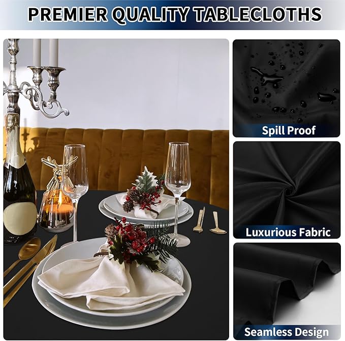 PureFit 10 Pack Round Black Table Cloths 120 Inch for Round Tables, Stain and Wrinkle Resistant Table Linens for Home Use, Wedding, Party, Banquet and Camping