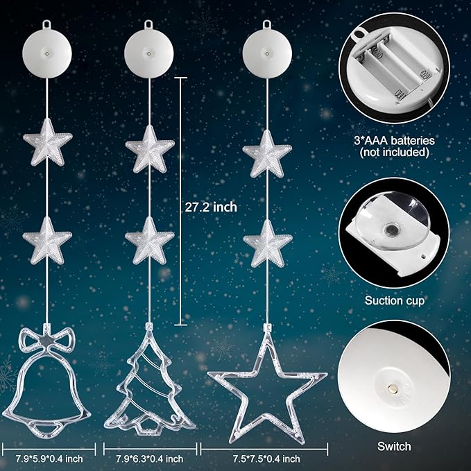 3Pcs Christmas Window Lights Decorations with Timer, Battery Powered Christmas Window Hanging Multicolor String Lighted Tree Bell Star Shaped LED Sucker for Xmas Window Fireplace Indoor Decor
