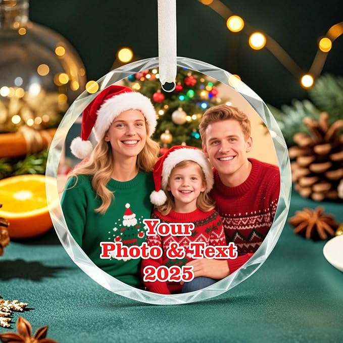 Personalized Christmas Ornaments 2025 with Photo & Text, Round Acrylic Custom Christmas Ornament Wedding Gift for Family, Couples, Baby’s First Xmas, Bridal Shower Gifts for Bride