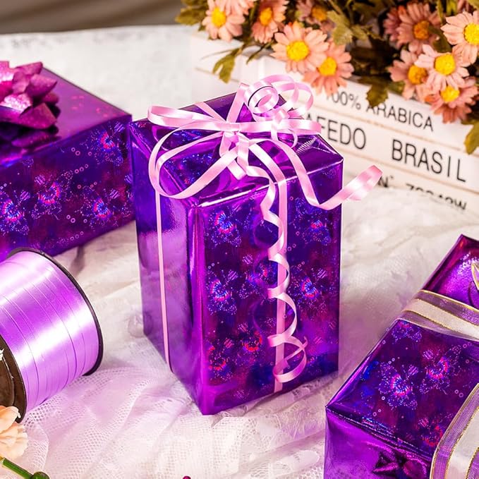 Yarcony Purple Wrapping Paper Roll, Holographic Butterfly Wrapping Paper - 17 Inch x 33 Feet - Shiny Iridescent Butterflies Design Thick Purple Gift Wrap for Birthday, Wedding, Christmas, Halloween