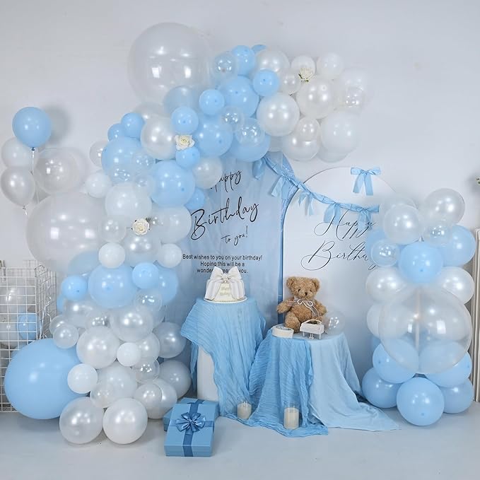 Pastel Blue White Balloons Garland Arch Kit, 104PCS Double Stuffed Pearl White Balloons, Light Baby Blue Clear Balloon for Bridal Shower Baby Birthday Bachelorette Wedding Engagement Party Decorations