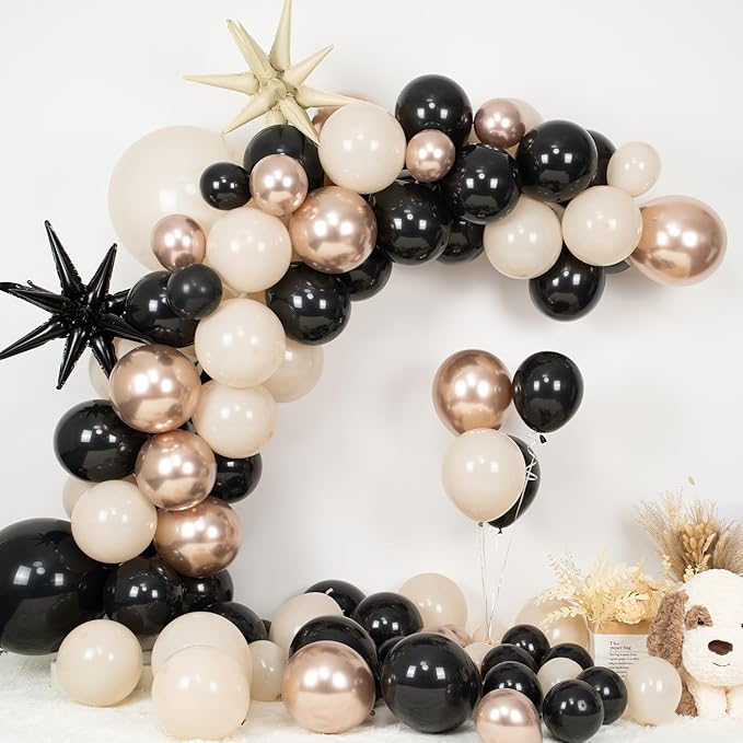 Black Gold Balloon Arch Kit,Sand White Balloon Garland with Star Foil Balloons Metallic Champagne Gold Balloons for Birthday Baby Showers Boho Wedding Party Decorations