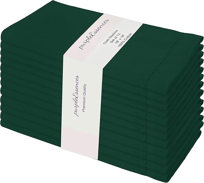 PurpleEssences Set of 12 Hemstitch Cloth Dinner Napkins 100% Cotton - Soft Durable Washable - Ideal for Wedding Fall Thanksgiving - Perfect Everyday Use Table Linen 18x18 - Forest Green
