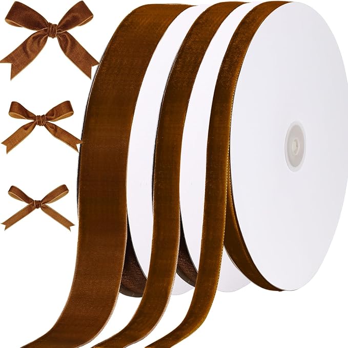 Yilloog 3/8'' 5/8'' 1'' 90 Yards Christmas Velvet Ribbon Vintage Satin Fabric Velvet Ribbon Roll for Christmas Tree Ornaments Decoration Gift Wrapping Bow DIY Crafts (Brown)