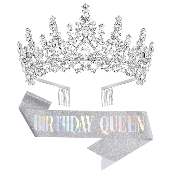 Birthday Tiara Crown with Sash for Women, Headband Hair Accessories for Wedding Party Costume Silver