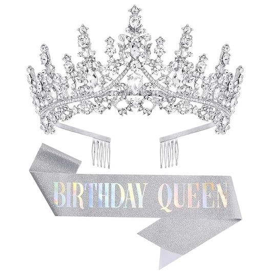Birthday Tiara Crown with Sash for Women, Headband Hair Accessories for Wedding Party Costume Silver