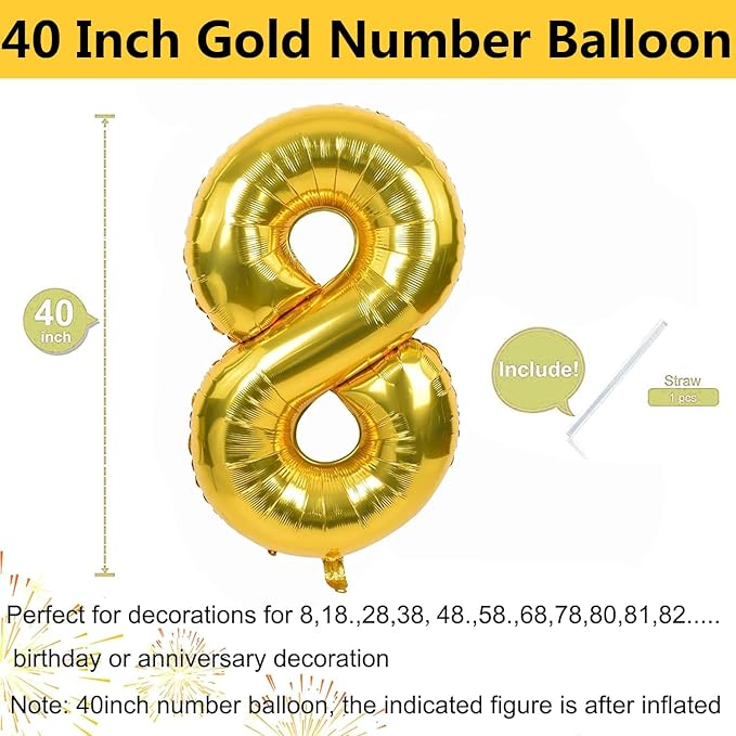 40 inch Gold Number Balloon Giant Foil Helium Balloons Gold Number 8 Balloon for 8th Birthday Party Anniversary Decorations Supplies