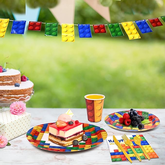 Dylives 180 Pcs Building Block Party Supplies - Birthday Party Decorations Kids Boys Disposable Tableware, Colorful Block Banner, 9" & 7" Plates Napkins Cups Cutlery, Serves 24