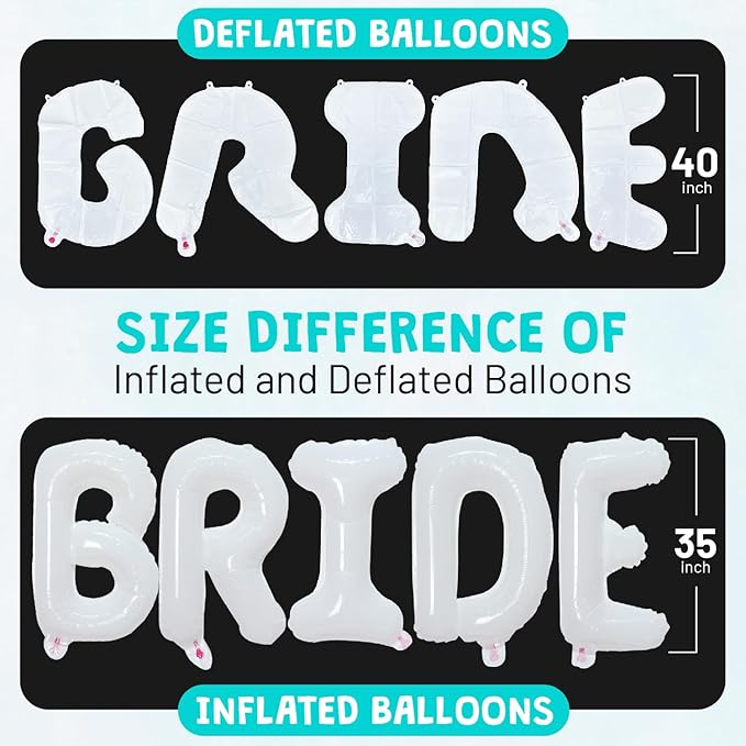 BALLOON VIBE Giant 40" White BRIDE Balloons with Hand Pump, 2 Straws & Ribbon Roll - Bride Letter Balloons for Bachelorette Party Decorations, Wedding, Engagement, Bridal Photo Booth