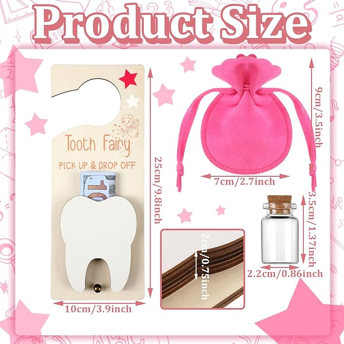 Tooth Fairy Holder Bag Hanger with Money Slot Keepsake Bottle Velvet Pouch Tooth Fairy Box Encourage Gift for Lost Teeth Boy Girl Milk(Classic,Rose Red)