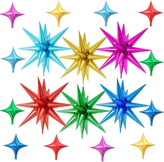 18 Pcs Colorful Star Balloons, Multi-color Stars Foil Balloon with 6 Pcs 22-Inch Explosion Star Balloons 12Pcs 10-Inch Four Pointed Stars Balloon for Baby Shower Kids Birthday Party Decoration