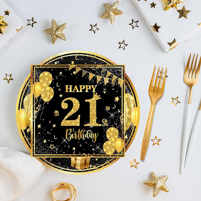 21th 7 inch Birthday Party Paper Plates and Napkins Forks 60 pcs Black Gold Birthday Decorations for Boys Girls Tableware Set Anniversary Party Supplies,Serve 20