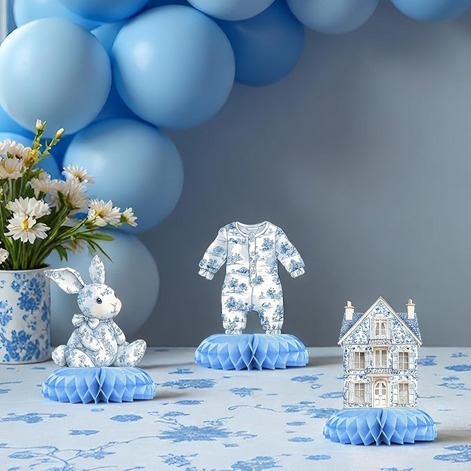 Blue Toile de Jouy Baby Shower Table Centerpieces – 12 PCS Classic French Nursery Honeycomb Decorations, Vintage Blue & White Boy Shower Table Décor