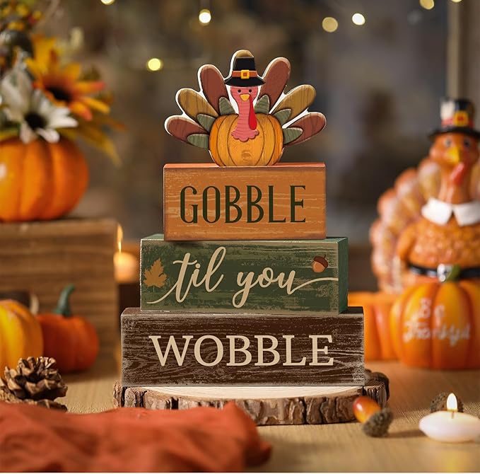 4 Pcs Thanksgiving Decoration for Home Wooden Turkey Decor Thanksgiving Table Decor Fall Tiered Tray Decoration Thanks Giving Centerpiece Rustic Turkey Block Sign for Harvest Party Kitchen