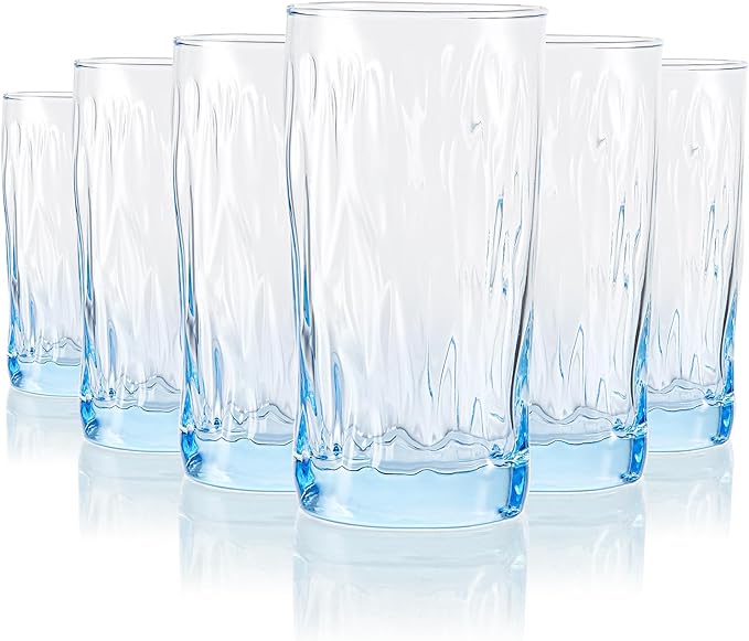 REATIVELAND Solid Color Drinking Glasses Set of 6, 13.5 OZ Wind-blown Ripples Glass Tumbler Glassware for Water, Juice, Different Options for Home, Restaurant, Hotel, Bar, Blue