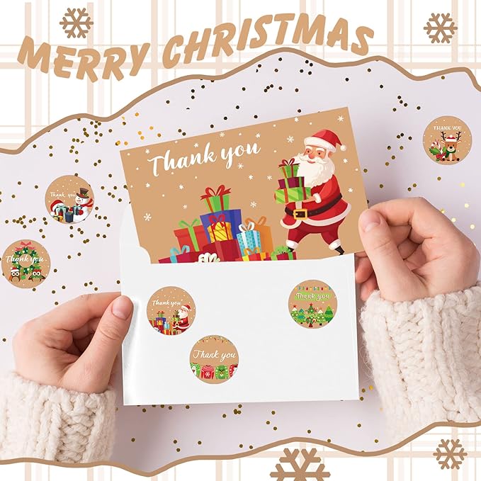 24Set Christmas Thank You Card with Envelopes and Stickers Xmas Greeting Cards Gift Box Santa Christmas Tree Thank You Christmas Cards with Envelope Holiday Thank You Card for Xmas Holiday (Cute)