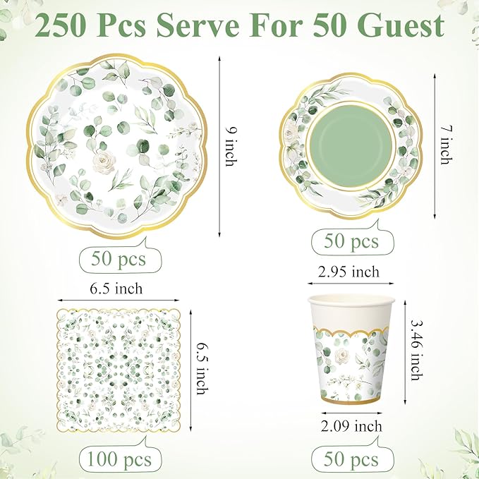 250 Pcs Sage Green Color Party Decorations Eucalyptus Greenery Plates Cups and Napkins Paper Baby Shower Bridal Shower Party Tableware Set for Wedding Birthday Jungle Decorations, Serves 50