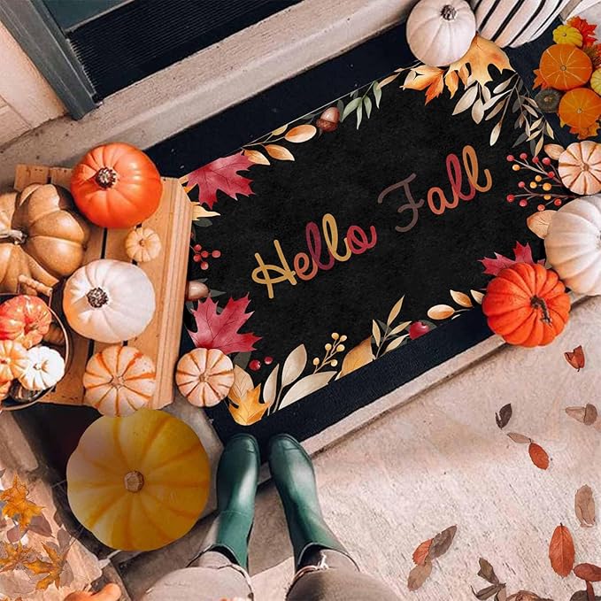 Thanksgiving Doormat for Indoor Outdoor Entrance Floor Mats,Fall Welcome Maple Leafs Decorative Door Mat, Autumn Fall Pumpkins Non Slip Harvest Vintage Decor Rubber Welcome Mats 16" x 24" Inch