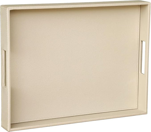 HofferRuffer Rectangle Serving Tray with Hole Handles for Coffee Table, Breakfast, Tea, Food, Butler - Countertop, Kitchen, Vanity Serve Tray, 16.2 x 12.2 x 2 inches, Faux Leather (Dark CreamWhite)