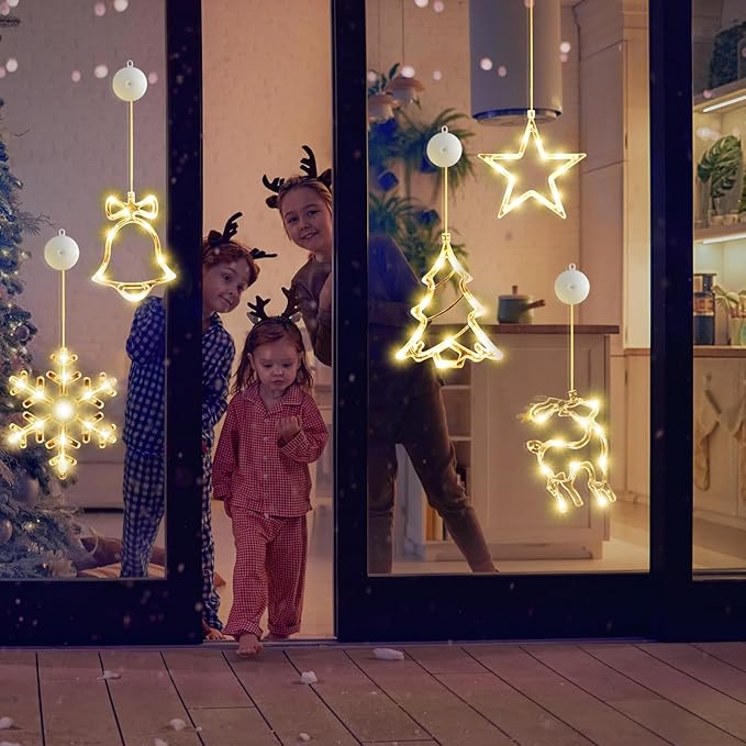 5Pack Christmas Window Lights Decorations with Timer,Battery Powered Christmas Hanging Warm White Lighted Snowflake Tree Star Deer Bells Shaped LED Sucker for Xmas Fireplace Indoor Decor