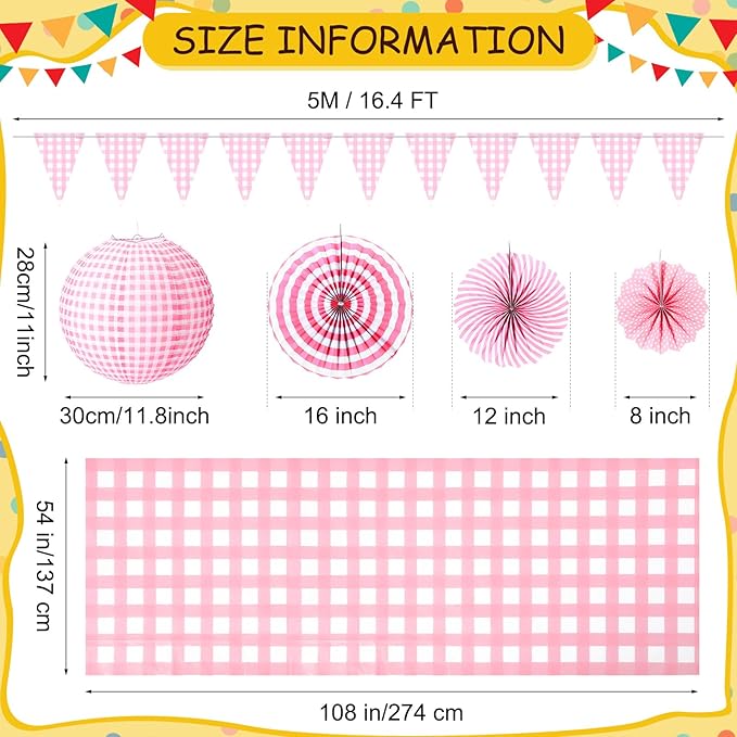 Hortsun 18 Pcs Pink and White Gingham Christmas Party Supplies Include Paper Lanterns Plastic Tablecloth Pennant Banner Paper Fans Christmas Picnic Decor for Holiday Party Home Dining Room