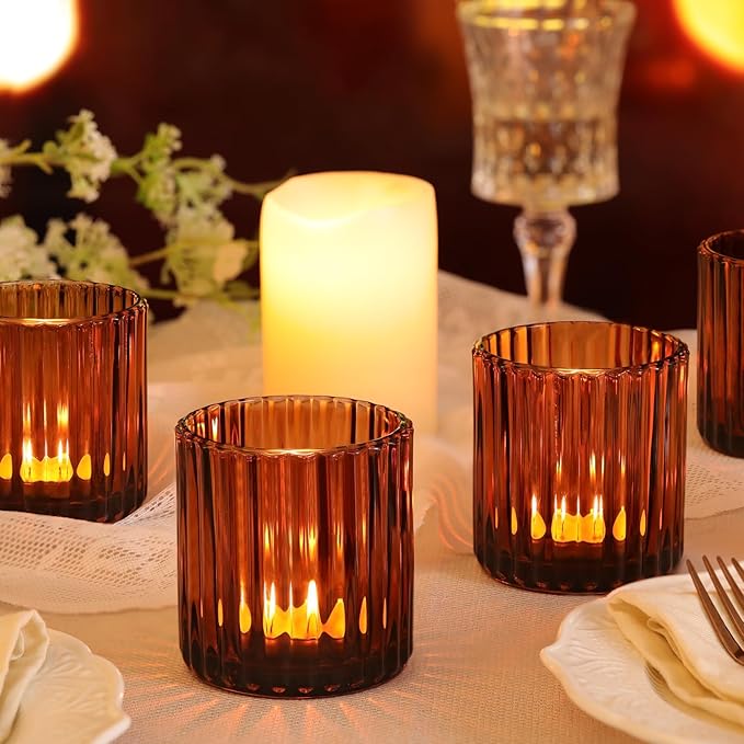 Amber Large Votive Candle Holder Set of 8, Tea Lights Candle Holders for Wedding Table Centerpieces, Boho Decor, Home Dinner Birthday Party Decor, Bridal Shower and Holiday Decorations