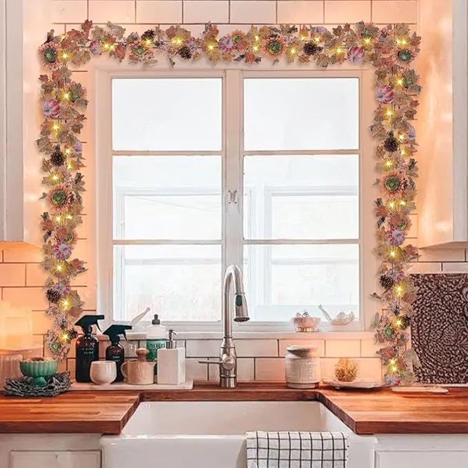 Artgar Fall Sunflower Garland - 6 Ft Fall Garland with 30 Warm Lights with Pumpkin Pinecone Berry for Thanksgiving Harvest Halloween Mantel Table Porch Railing Indoor Outdoor Decor
