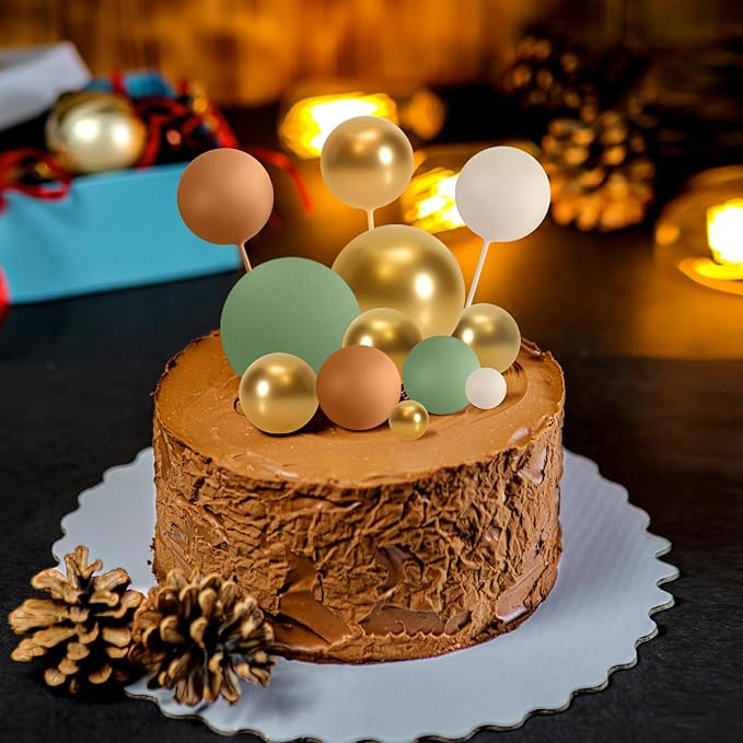 ASTARON 32 Pcs Ball Cake Topper Decorations Mini Balloons Cake Topper Sticks Foam Balls Cake Picks Cake Topper Balls Cake Decorations for Wedding Party Birthday Cake Decorating (Green Brown Gold)