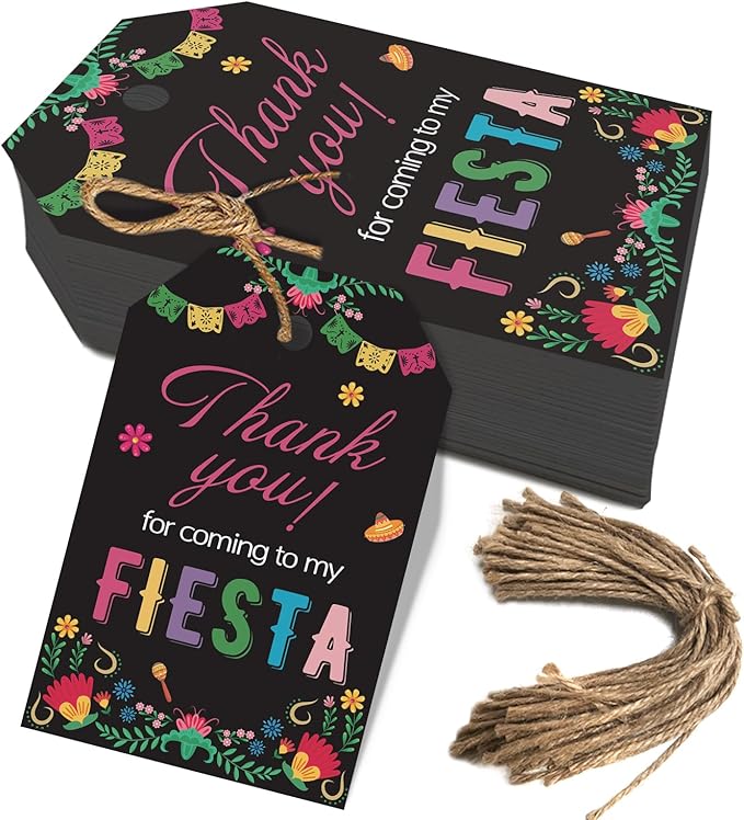 Aukolass 50PCS Fiesta Gift Tags, Thank You Tags for Mexican Themed Party Favors and Taco Bout Party Decorations-Double-sided (Black)