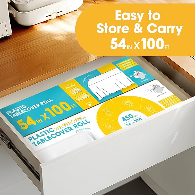 White Plastic Table Cover Roll - 54IN x 100FT, Table Cloth for Rectangle Table with Slide Cutter, Plastic Table Cloth Disposable with Cut-to-Size Design for Weddings, Banquets, Parties