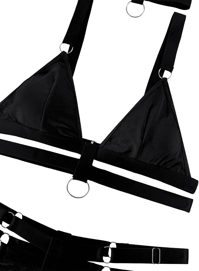 Lilosy Sexy Wireless Choker O Ring Linked Strappy Harness Lingerie Set Outfits 3 Piece