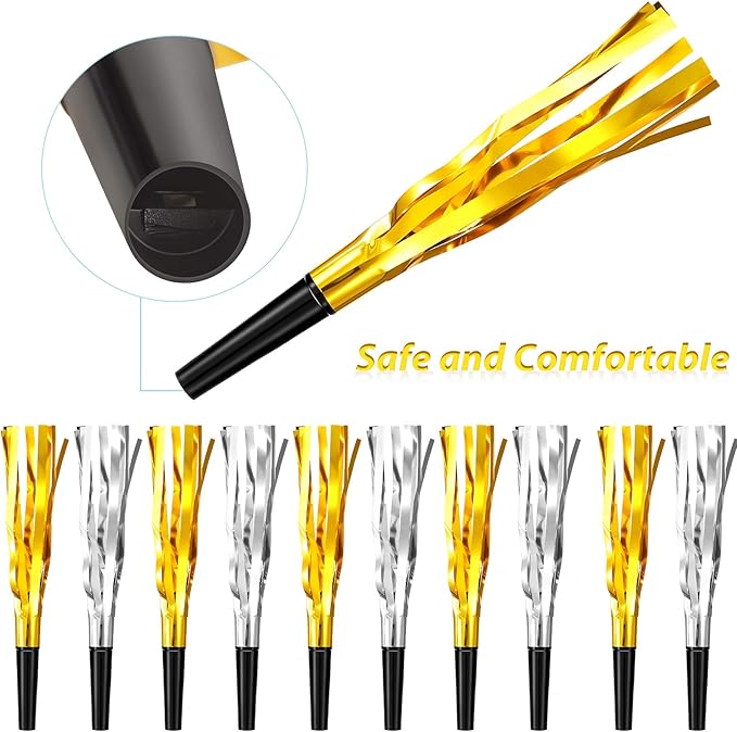 200 Pcs Party Blowers Noise Makers Horns Blowout Clappers Noisemakers for Halloween Christmas Birthday Sporting New Year's Eve Party Supplies 2026(Black Gold, Black Silver)