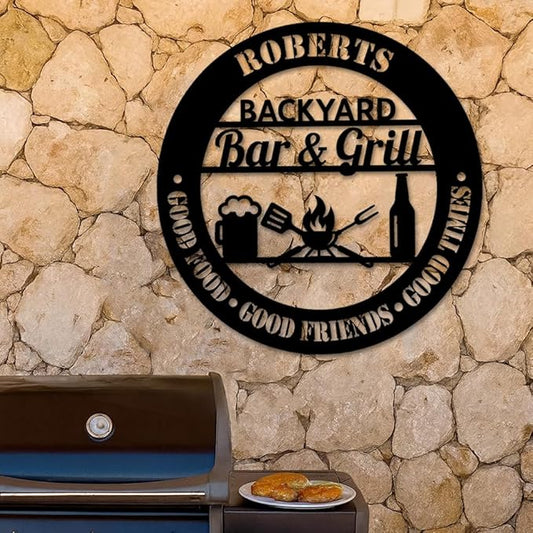 Custom Backyard Bar and Grill Metal Sign, Personalized Outdoor Patio Plaque with Beer and BBQ Design, Rustic Wall Art for Home Bar or Garden, Gift Idea for Birthday, Christmas, Holiday Parties
