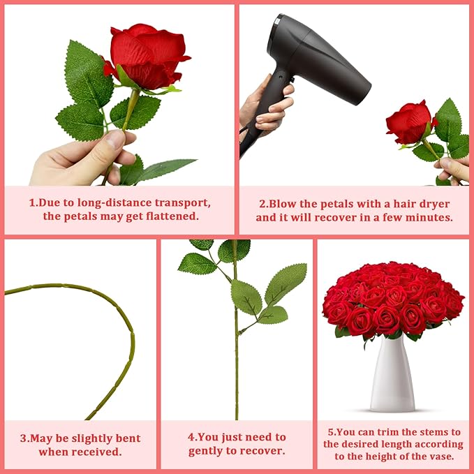 Bulk Artificial Flowers 50 PCS, Fake Velvet Silk Red Roses with Long Stems Realistic Bouquet for Wedding Centerpieces, Faux Arrangement for Home Table Decor