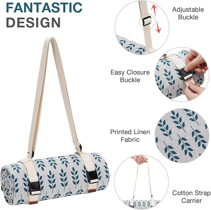 Picnic Blankets Washable | Beach Mat Sand Free Waterproof | Camping Blankets | Emergency Blankets | Picnic Baskets Accessories with Waterproof Backing and Shoulder Strap - Blue