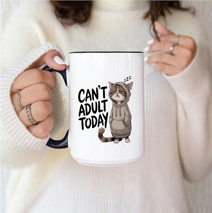 Can't Adult Today Funny Cat Two-Tone Accent Ceramic Mugs, Sarcastic Drinking Cups, 11oz 15oz, Gifts
