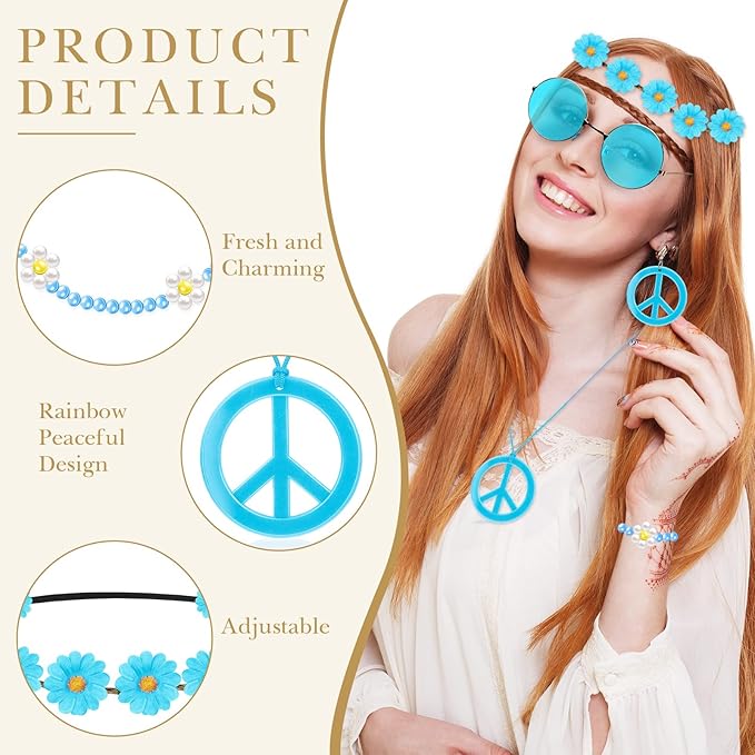 Batiyeer 6 Pcs Hippie Costume Accessories Set, Boho Peace Sign Daisy Flower 60s 70s Party Favors Decor for Groovy Party Women(Light Blue)