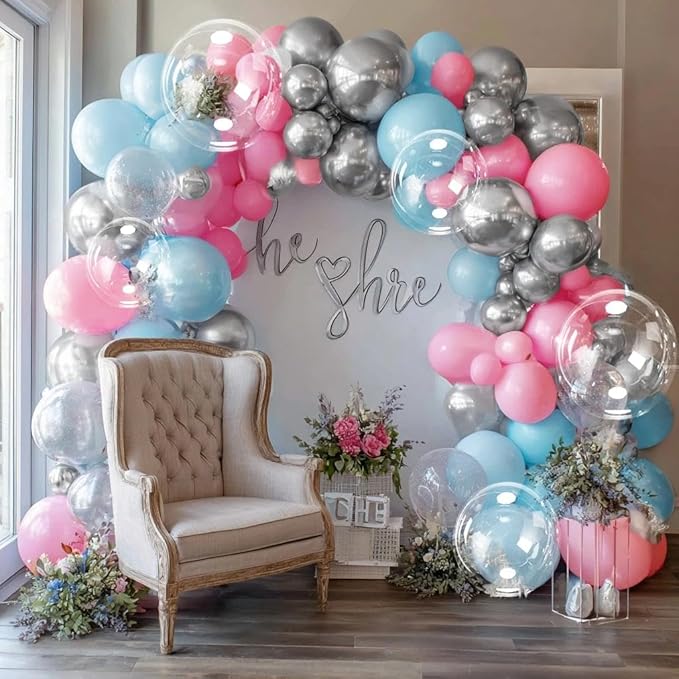 Blue Silver Balloon Arch Double Stuffed Pastel Baby Blue Metallic Balloon Garland Kit Clear Bobo Balloons for Birthday Baby Shower Bridal Shower Birthday Wedding Anniversary Party Decorations