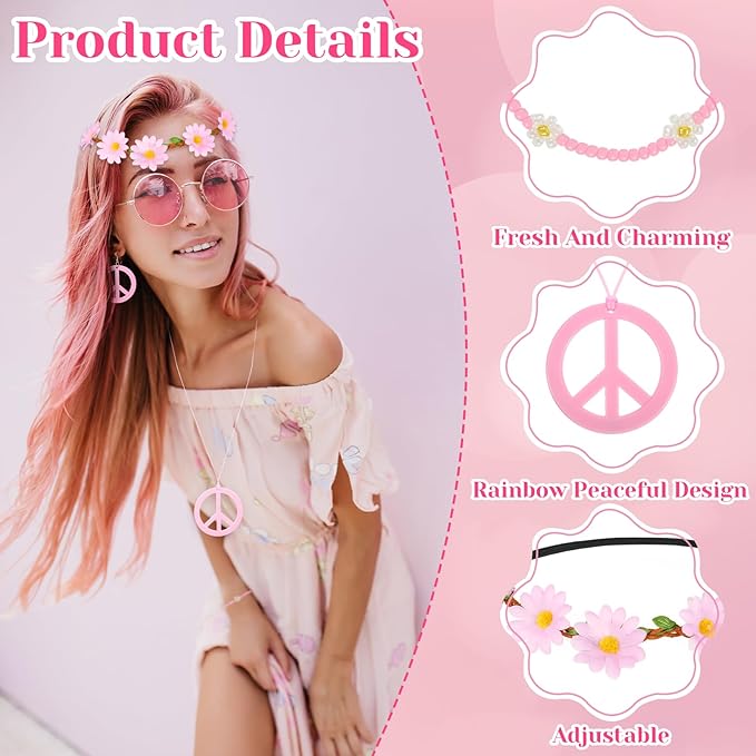 6 Pcs Hippie Costume Accessories Set 60s 70s Dressing Accessory Flower Crown Headband Peace Sign Necklace Earrings Bracelet Colored Hippie Sunglasses Costume Supplies for Christmas Carnival Party