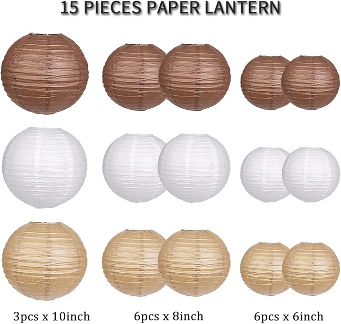Paper Lanterns Decorative, Round Hanging Paper Lanterns Decorations for Rustic Party Wedding Natural Baby Shower Boho Brown Birthday Party Supplies Brown/White/Tan 15pcs