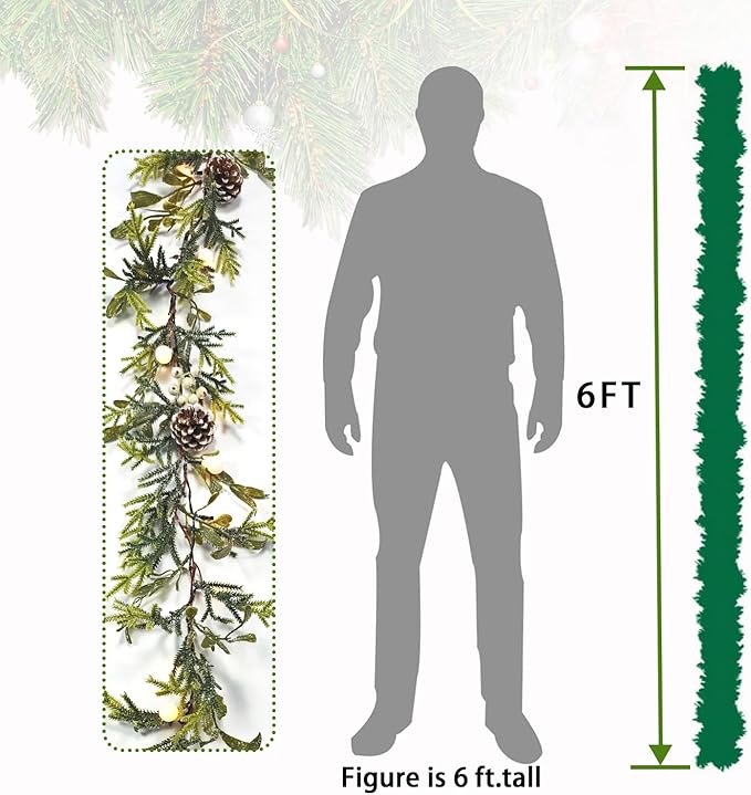 6FT Snowy Garland Christmas, Pre-lit Garland with 20 LED Lights, Pine Cones, White Berry&Ball, Battery Operated with Timer, Indoor Christmas Decoration for Holiday New Year