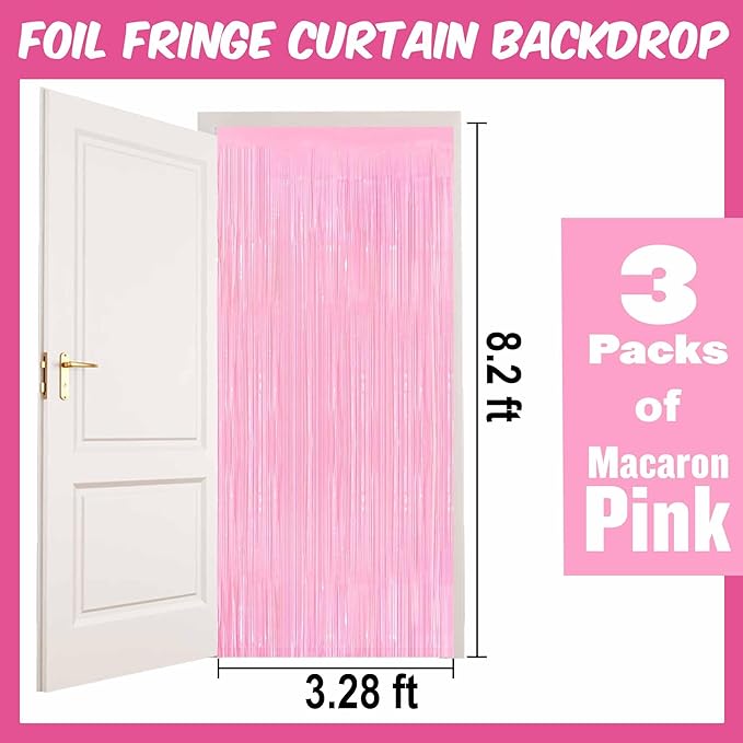 3 Pack Macaron Pink Foil Fringe Curtains Backdrop, 3.28 x 8.2 Ft Metallic Streamers Tinsel Curtains Background for Photo Booth, Birthday, Halloween, Christmas, New Year Party Decorations