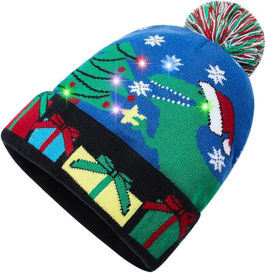 RAISEVERN Unisex Ugly LED Christmas Hat Novelty Colorful Light-up Stylish Knitted Sweater Xmas Party Beanie Cap(6 Lights)